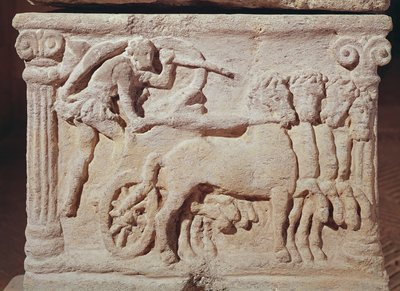 Detail of a Quadriga from a Sarcophagus, Man with a Calf by Etruscan